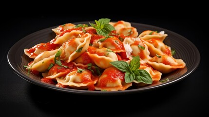 Photo of a delicious plate of ravioli with tomatoes sauce isolated on white background