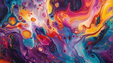 Abstract colorful background with bubbles and flowing waves in vibrant blue, orange, and red tones