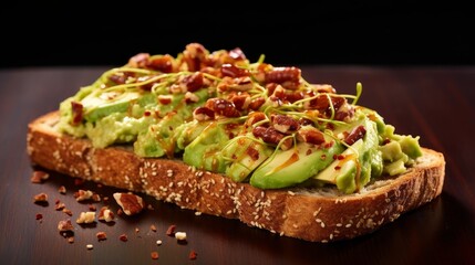 Photograph of slice of avocado toast topped with chillies flakes. Food photography, menu items