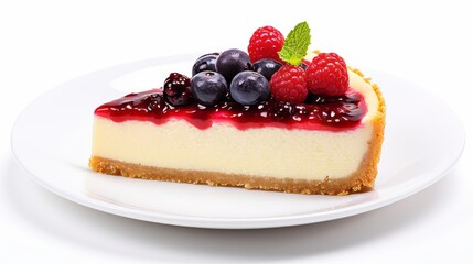 A slice of cheese cake with berry topping isolated on white background