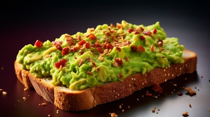 Photograph of slice of avocado toast topped with chillies flakes. Food photography, menu items