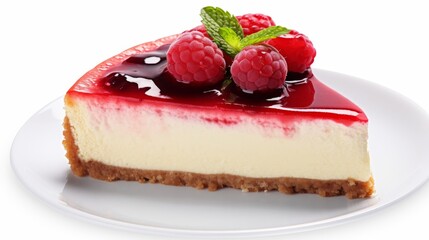 A slice of cheese cake with berry topping isolated on white background