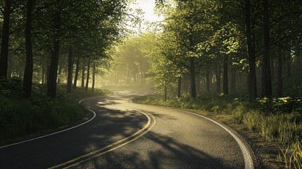 Fototapeta premium Serene Forest Road: A Sunlit Path Through Lush Greenery