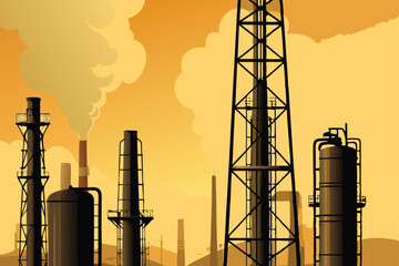 A detailed vector illustration of an oil refinery with metallic equipment, including towers, tanks, pipes, and control panels, set against a stylized industrial background.
