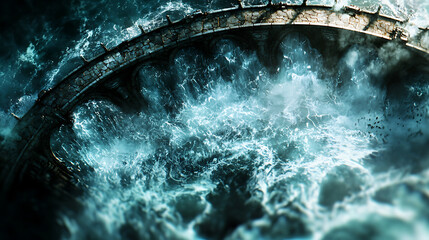 Fototapeta premium Aerial view of old stone bridge surrounded by turbulent ocean waves, creating dramatic scene of nature power and beauty