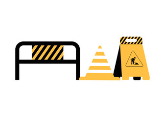 Construction Barriers And Warning Signs In Flat Vector Illustration Symbolizing Safety, Road Work, And Site Maintenance, Isolated On White Background