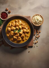 Fototapeta premium Chicken curry sauce with a rich flavor profile featuring cashew nuts and plump raisins, indulgent treat , aromatic spices