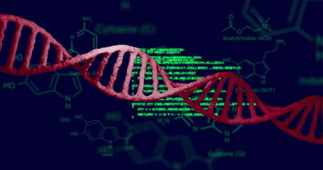 Image of scientific data processing and dna strand over dark background