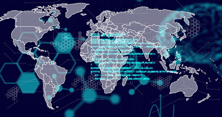 Image of scientific data processing and human brain with world map over dark background