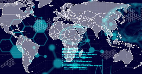 Image of scientific data processing and human brain with world map over dark background