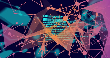 Image of scientific data processing, human brains and connections over dark background