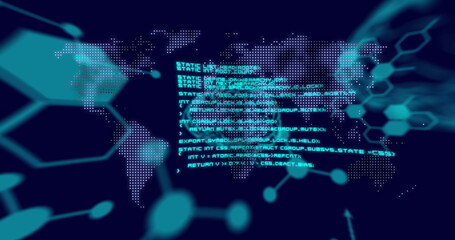 Image of scientific data processing and human brains over dark background