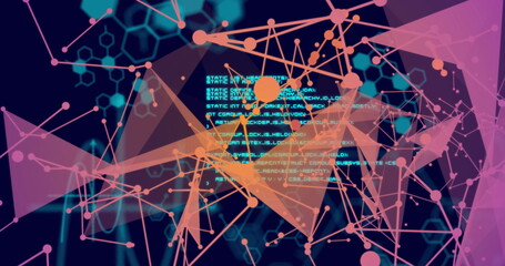 Image of scientific data processing and connections over dark background