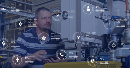 Image of icons and data processing over caucasian man working in factory