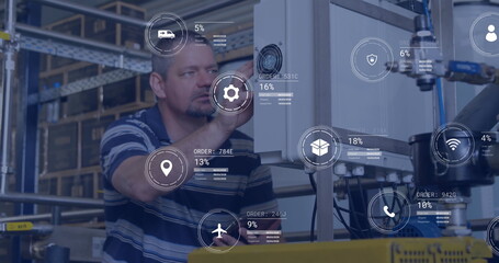 Image of icons and data processing over caucasian man working in factory