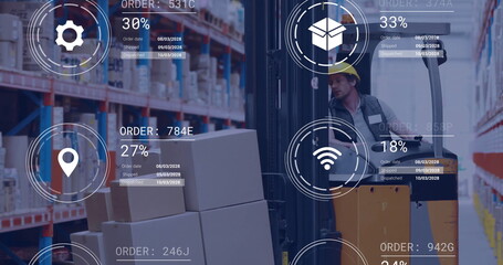 Image of icons and data processing over caucasian man working in warehouse