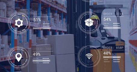Image of icons and data processing over caucasian man working in warehouse