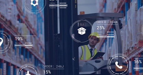 Image of icons and data processing over caucasian man working in warehouse
