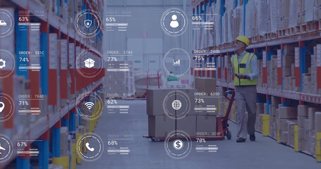 Image of icons and data processing over caucasian man working in warehouse