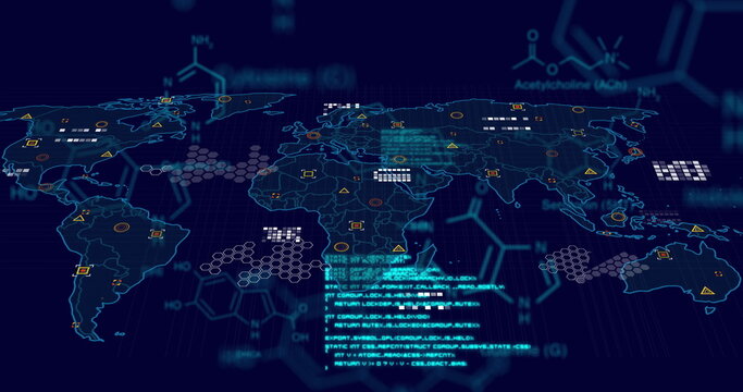 Image of scientific data processing and world map over dark background - Powered by Adobe
