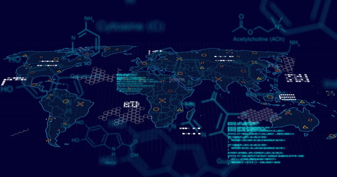 Image of scientific data processing and world map over dark background - Powered by Adobe
