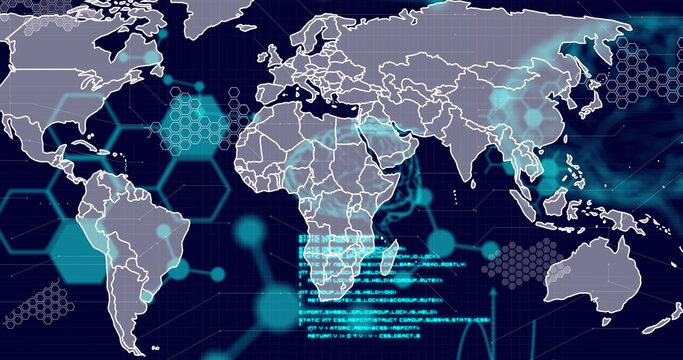 Image of scientific data processing and human brain with world map over dark background