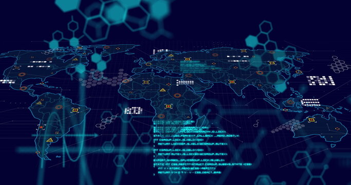 Image of scientific data processing and world map over dark background