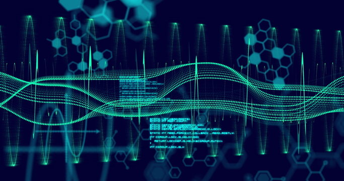 Image of scientific data processing and connections over dark background - Powered by Adobe