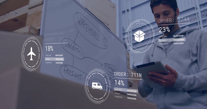 Image of icons and data processing over biracial man working in warehouse - Powered by Adobe