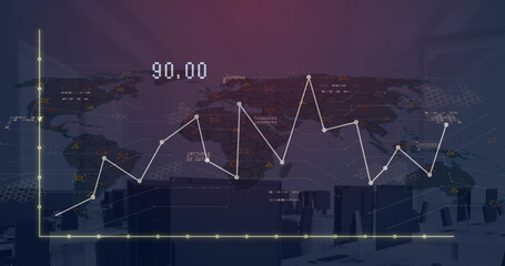Image of digital data processing over world map on dark background