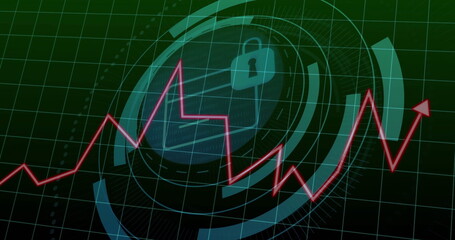 Image of padlock icon and digital data processing over dark background