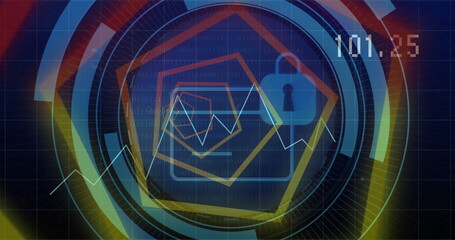 Image of padlock icon and digital data processing over dark background