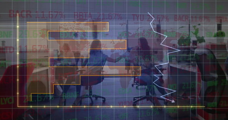 Image of digital data processing over diverse businesspeople in office background