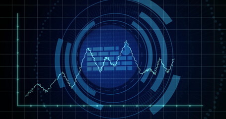 Image of firewall icon and digital data processing over dark background