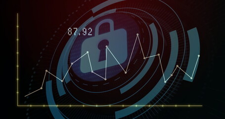 Image of padlock icon and digital data processing over dark background