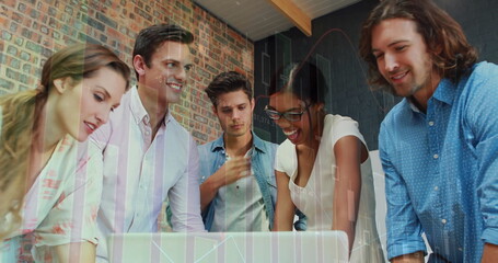 Image of financial data processing over diverse business people in office