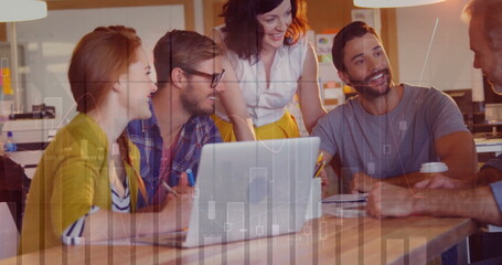 Image of financial data processing over diverse business people in office