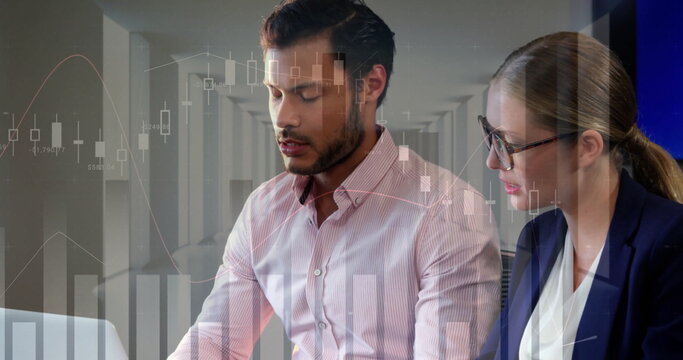 Image of financial data processing over diverse business people in office