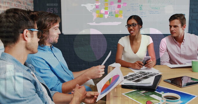 Image of financial data processing over diverse business people in office