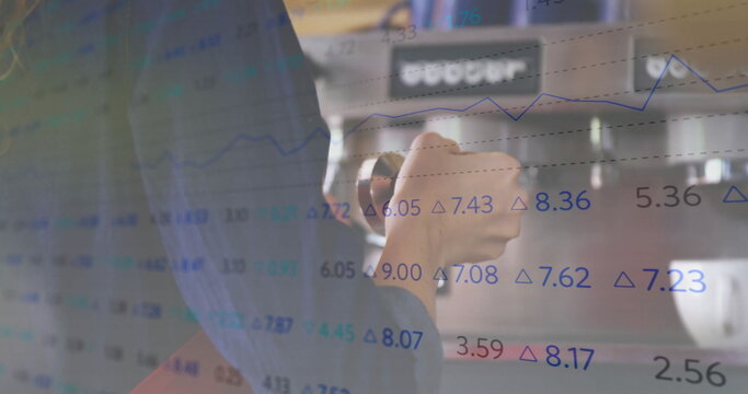 Image of financial data processing over caucasian female barista making coffee