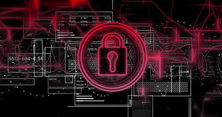 Image of padlock and digital data processing over black background