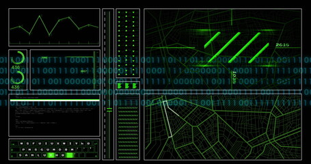 Image of digital data processing binary coding over black background
