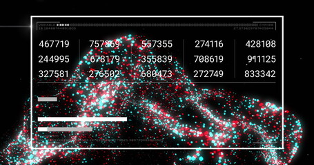 Image of digital data processing binary coding over floating mesh on black background