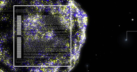 Image of digital data processing binary coding over floating mesh on black background