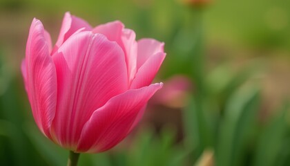 Obraz premium Single pink tulip in lush green field.