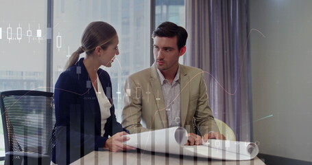 Image of financial data processing over diverse business people in office