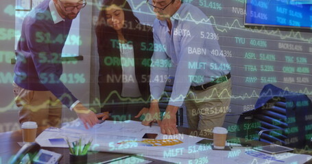 Image of financial data processing over diverse business people in office