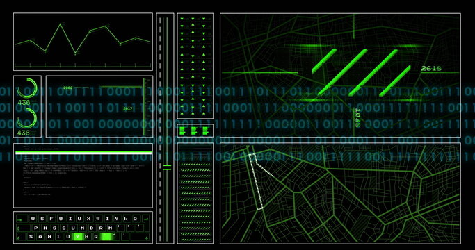 Image of digital data processing binary coding over black background - Powered by Adobe