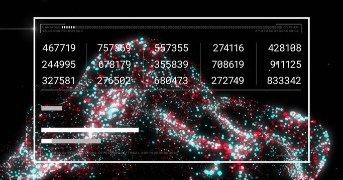 Image of digital data processing binary coding over floating mesh on black background - Powered by Adobe
