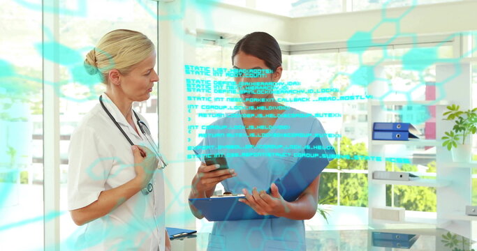 Image of data processing over diverse female doctors talking